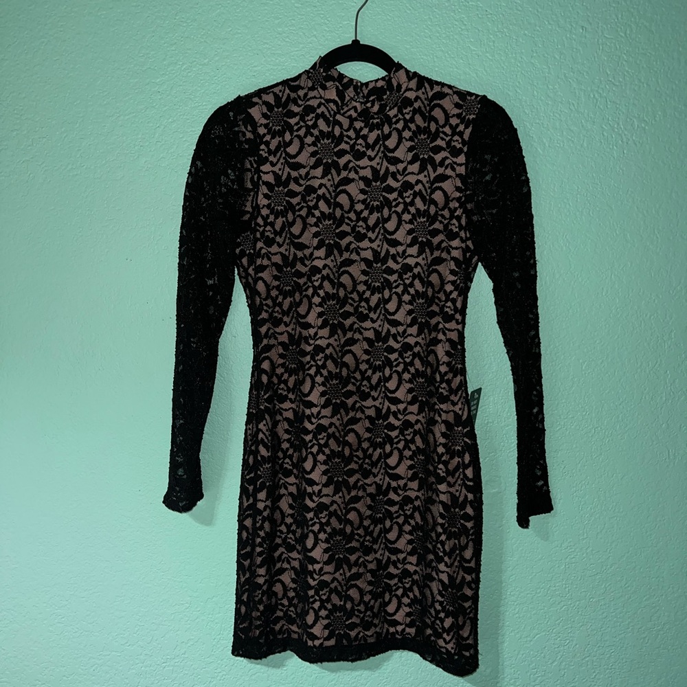 Express Black Lace Long Sleeve Bodycon Dress with Nude Underlay